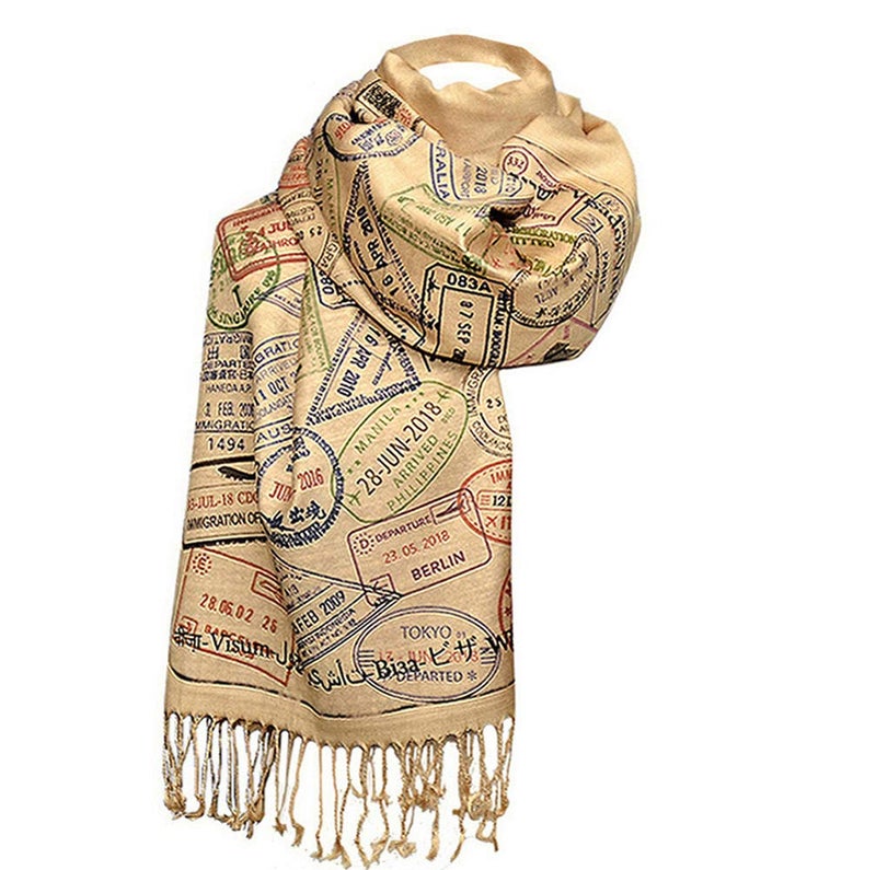Universal Zone Traveler scarf, Scarf with passport stamps, Flight attendant gift, Travel Agent gift - Image 1